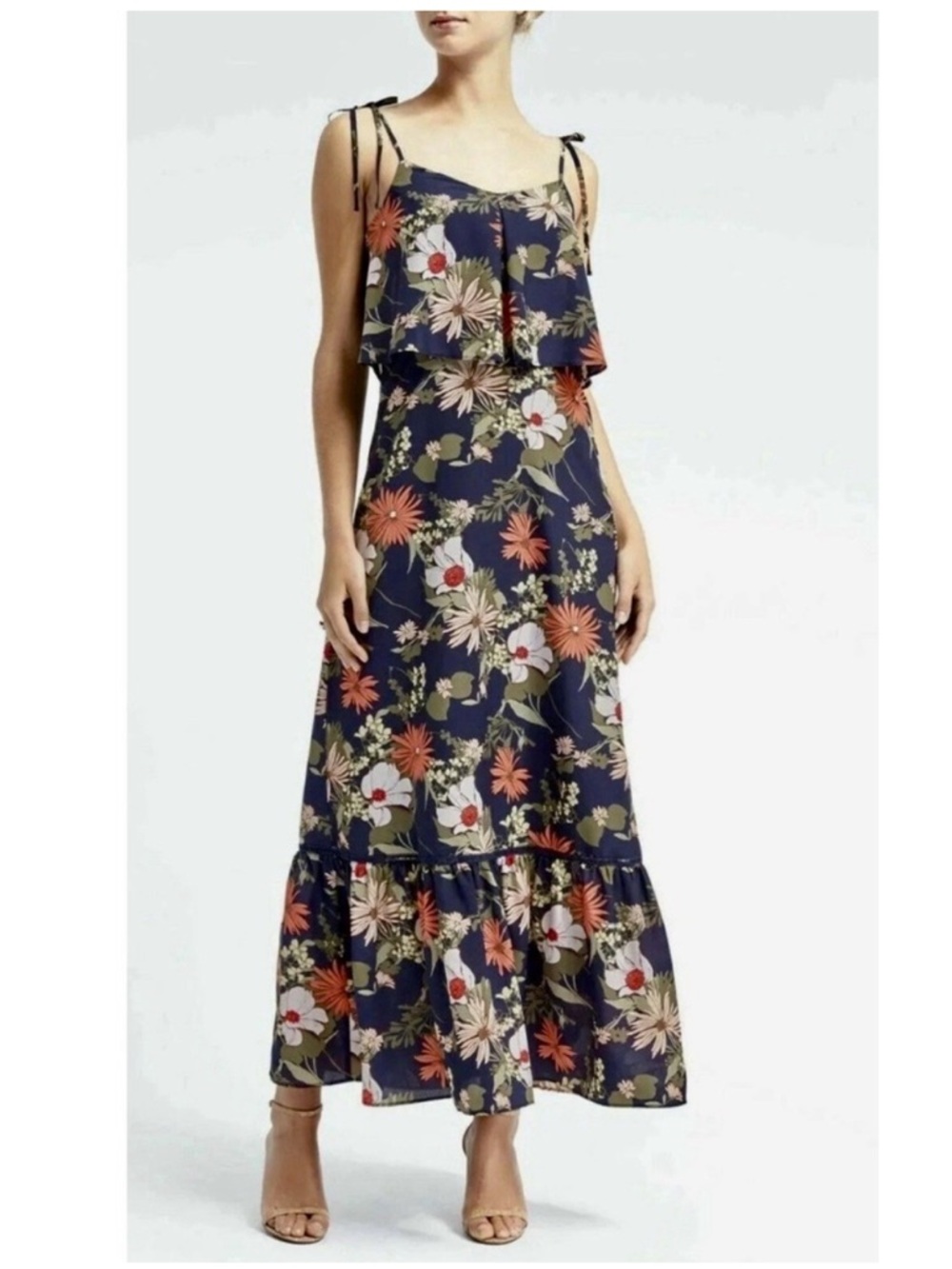 Banana Republic Navy Floral Tiered Maxi with Adjustable Straps